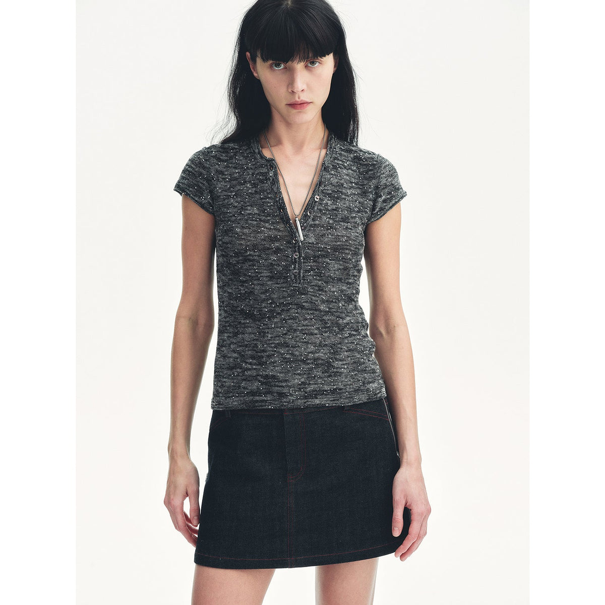 T-shirt à manches courtes, col henley, en mélange de coton et lin orné de sequins « Minimalist Light Gap »