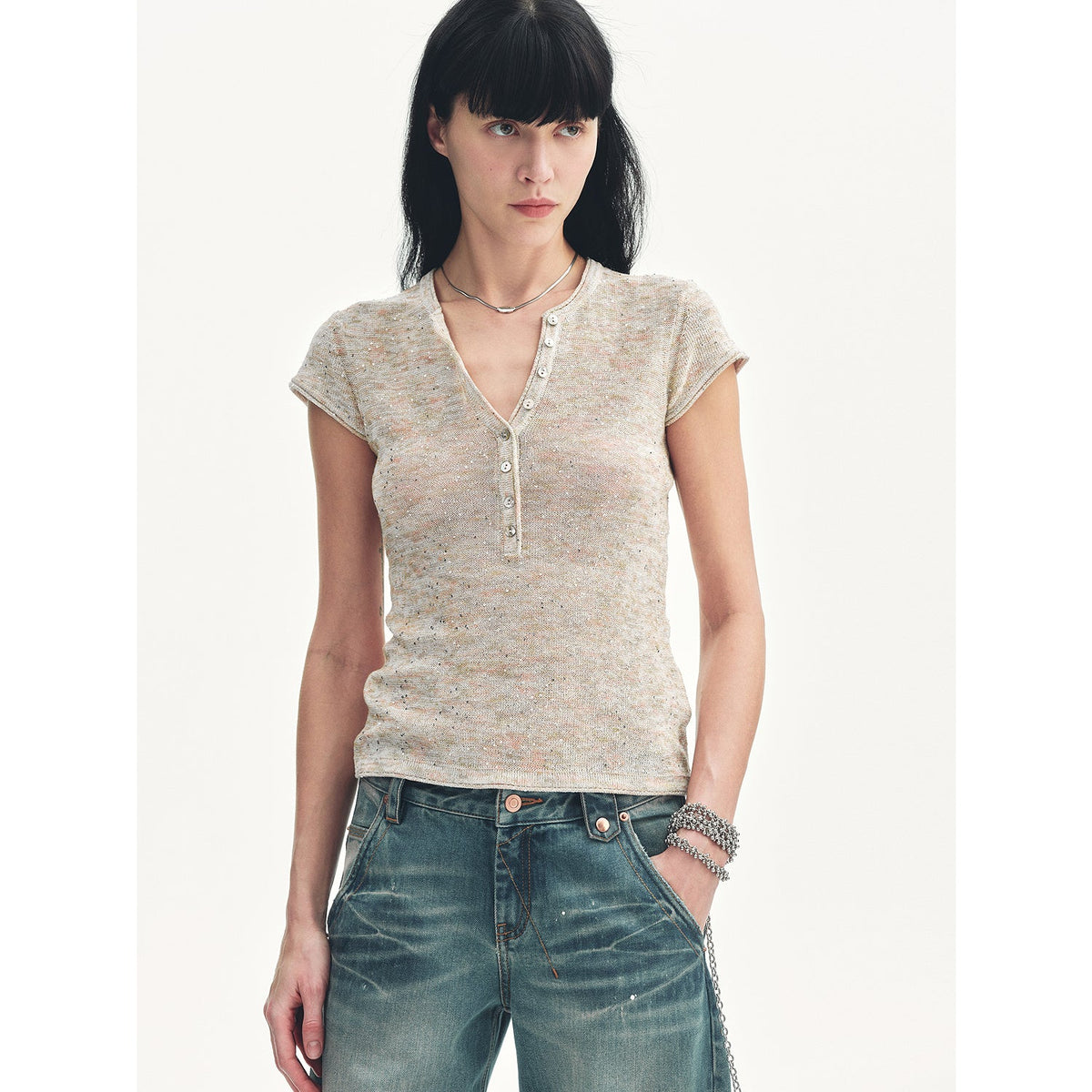 Camiseta de manga corta con cuello henley y lentejuelas en mezcla de algodón y lino "Minimalist Light Gap"