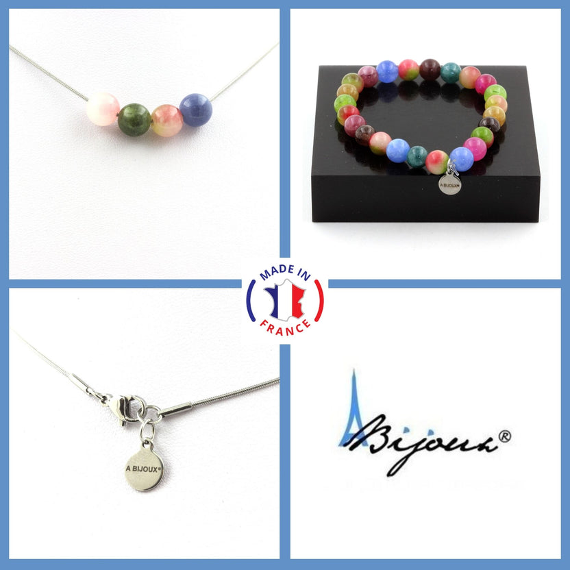 Smyckesset Armband Halsband 4 pärlor Mångfärgad turmalin + Vattenturmalin 8 mm. Kedja i rostfritt stål.