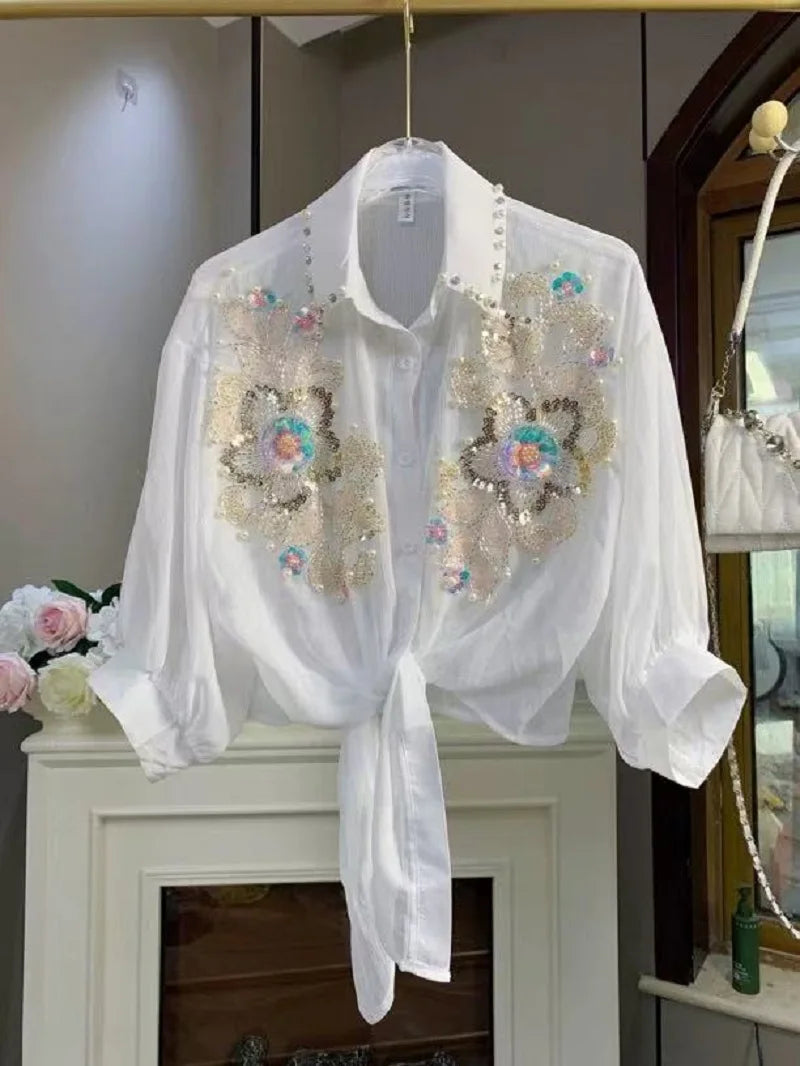 Sparkle Sequines Embroidery Blouses Shirts for Women Cardigans Spring Summer Sunscreen Top Korean Popular Clothes