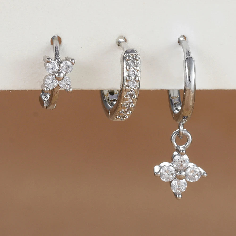 Pendientes de acero inoxidable con forma de flor y circonitas para mujer - Set de 3 piezas