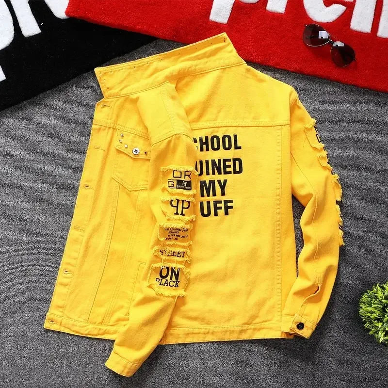 Jeans Coat for Men Hip Hop With Print Ripped Button Black Hole Denim Jackets Man Size L Large Lxury Worn Cowgirl Fast Delvery G
