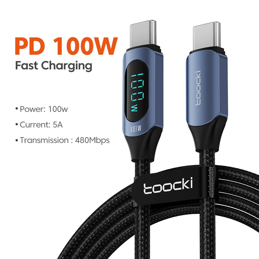 Kabel szybkiego ładowania Toocki 100W USB-C na USB-C PD z wyświetlaczem