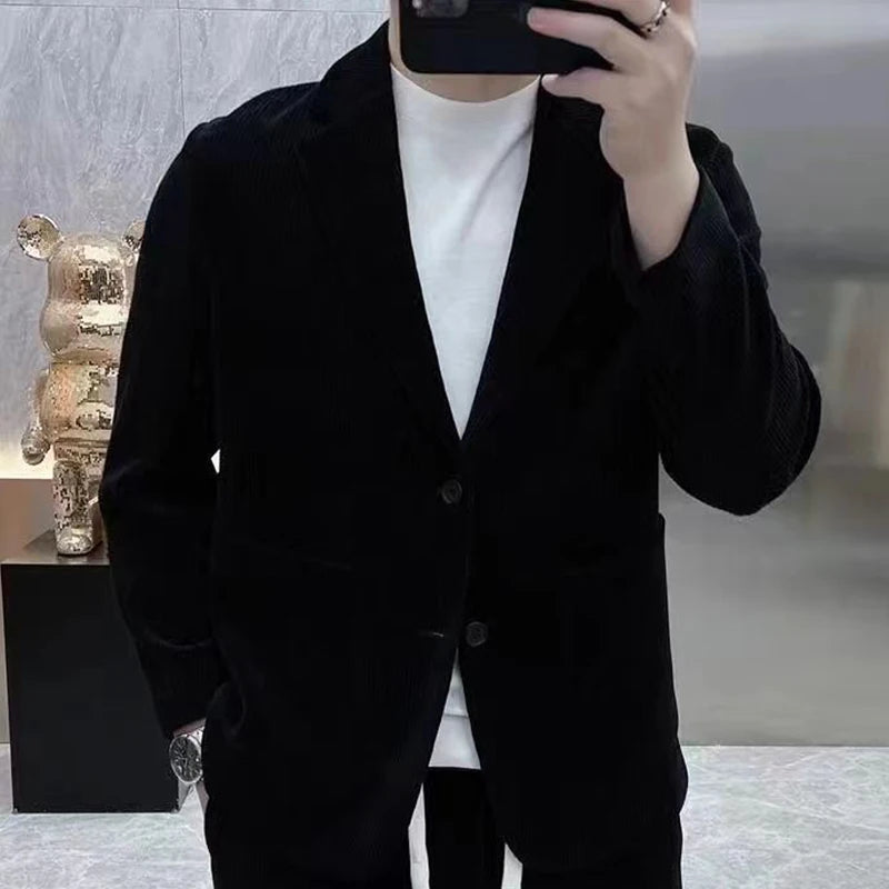 Fashion Suit Men's Spring Autumn Long Sleeve High-End Casual Korean Slim Two-Piece Set Solid Wrinkle Blazer With Lining Outfits
