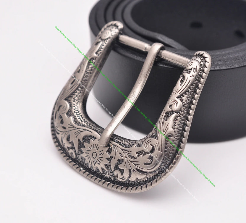 Heavy Duty Cowboy Western Floral Engraved Antique Silver Belt Buckle Set 1-1/2"