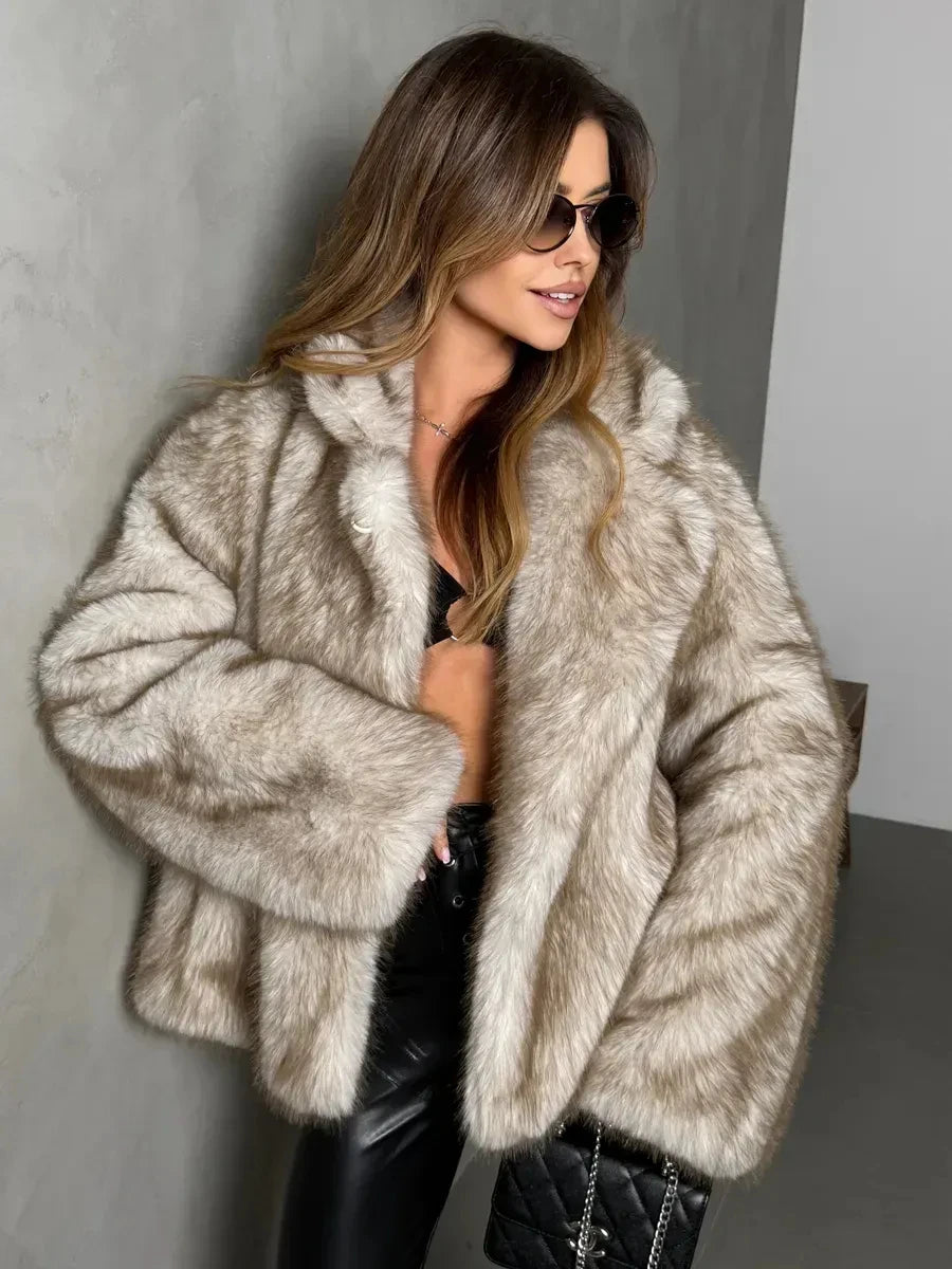 IG Women's Faux Fur Coat with Lapel Collar and Side Pockets