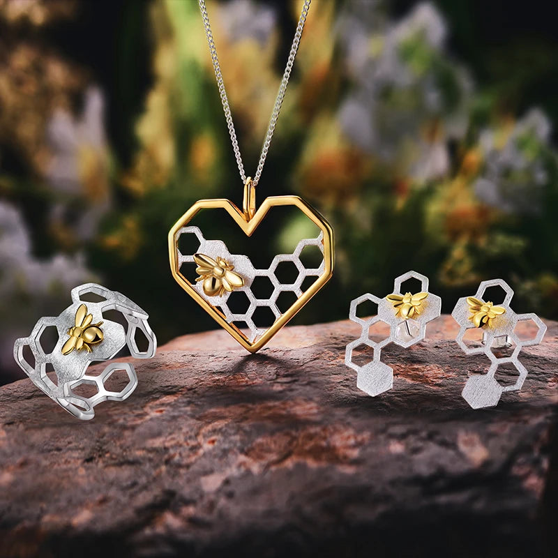 Lotus Fun Real 925 Sterling Silver 18K Gold Bee Rings Natural Designer Fine Jewelry Home Guard Honeycomb Open Ring for Women