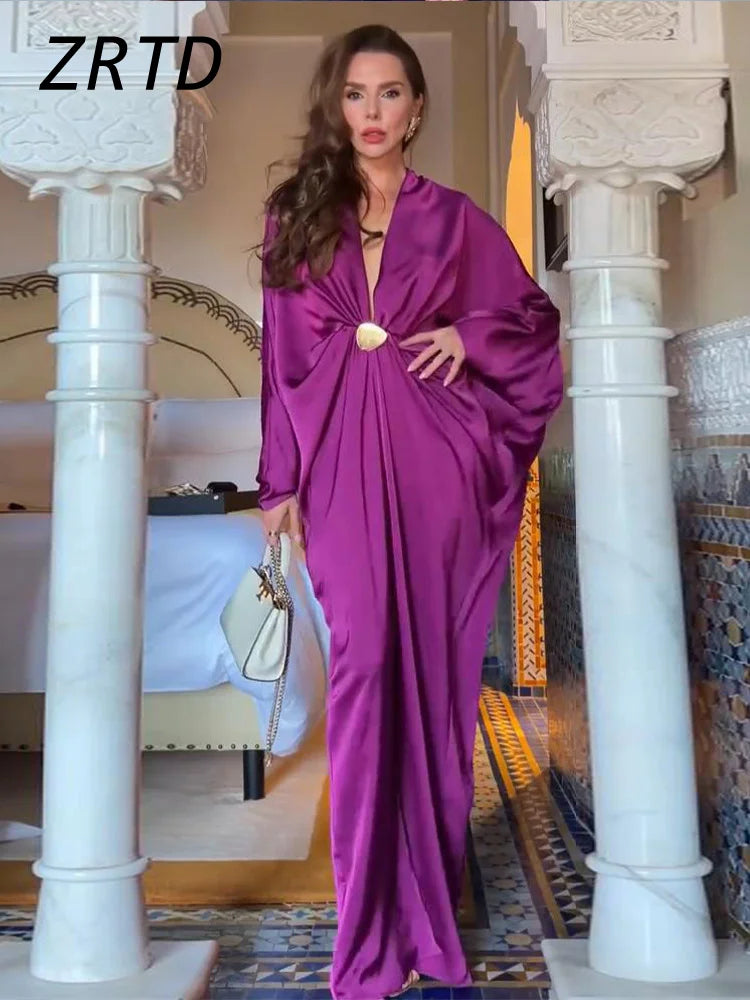 Women's Pleated Ankle-Length Dress With V-Neck And Batwing Sleeves