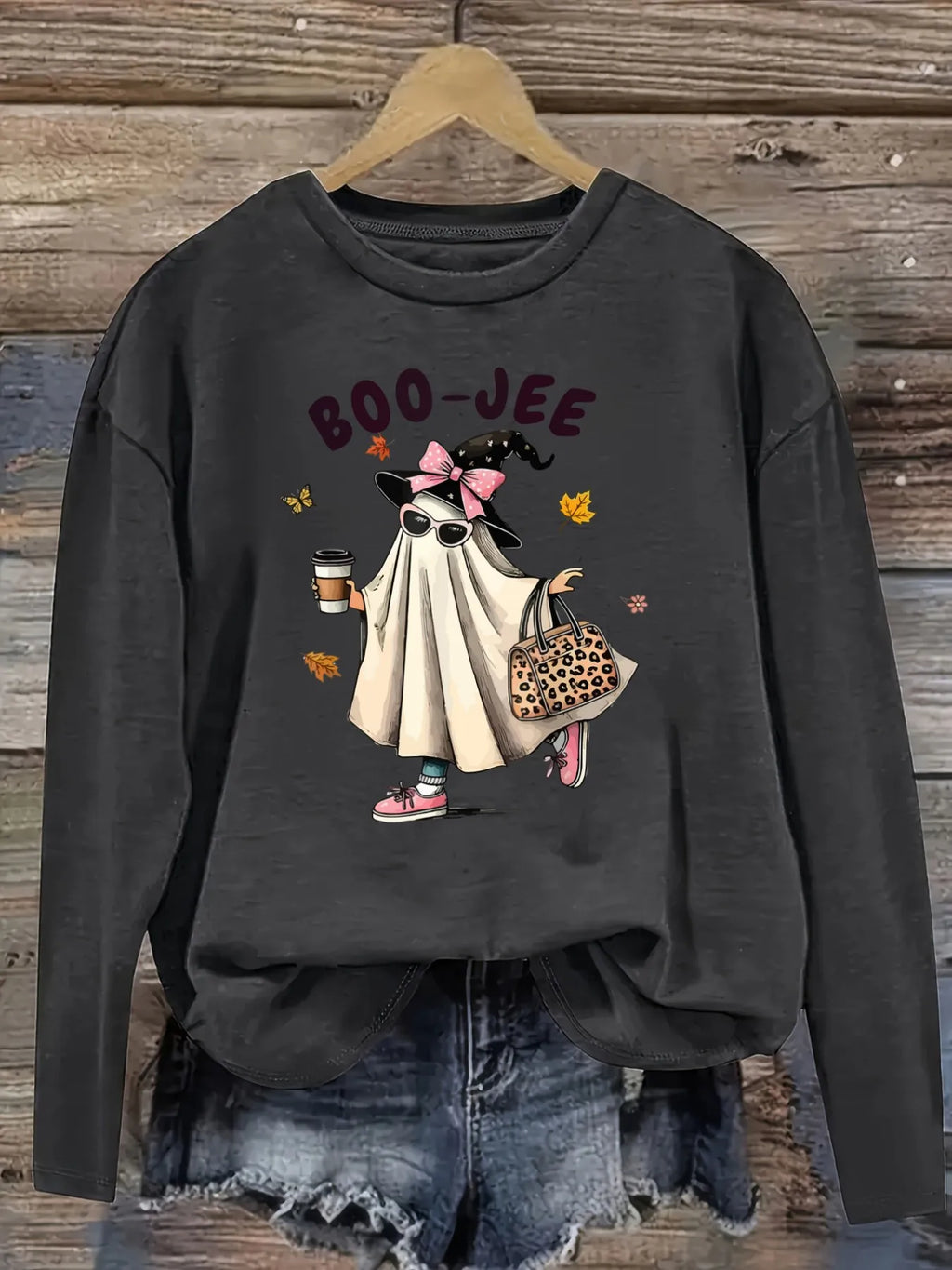 Women's Casual Long Sleeve Crew Neck T-Shirt Boo-Jee Ghost With Coffee Design, Round Neck Women's Clothing, Machine Washable, Slightly Elastic, Loose Fit, Spring Autumn Winter Women's T-Shirt, Halloween Costume Outfit