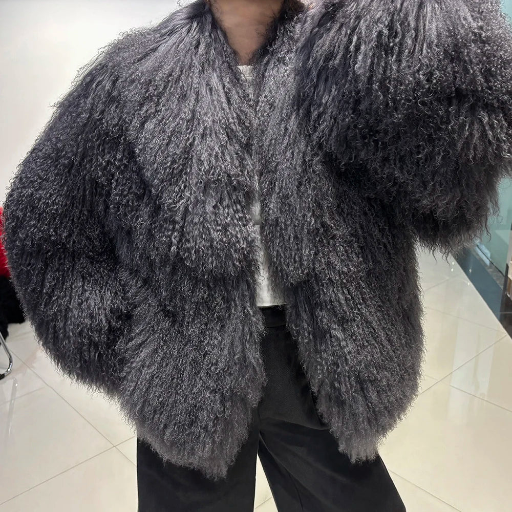 YOLOAgain Women's Real Mongolia Sheep Fur Jacket Dark Brown Sheep Fur Jacket