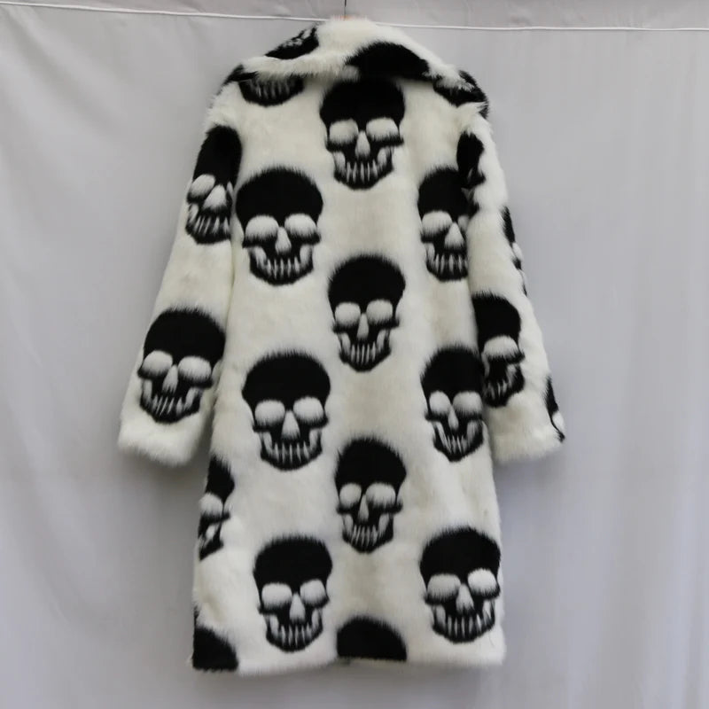Abrigo largo de piel sintética de visón con cuello de traje para hombre, gabardina con botones, tendencia de personalidad europea y americana con calavera