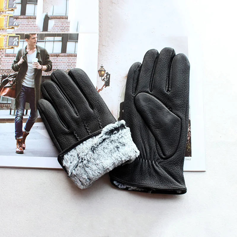 Men's Deer Skin Goat Skin Gloves Fashionable Driver's Autumn and Winter Thick Anti Cold and Warm Motorcycle Riding Gloves
