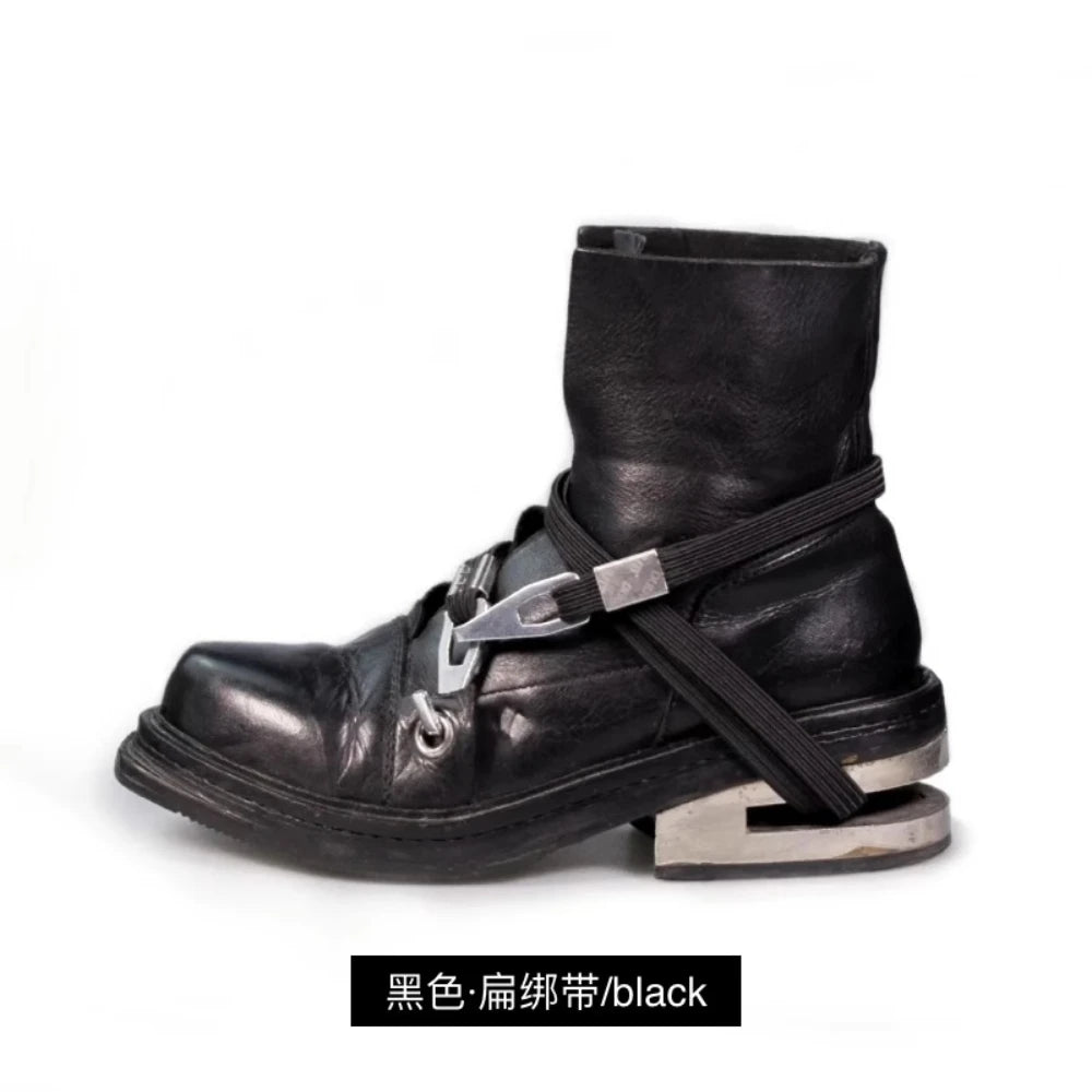 Fashion Men's Genuine Leather Motorcycle Boots Strange Metal Chunky Heel Mid-Calf Round Toe Elastic Band Western Boots Women
