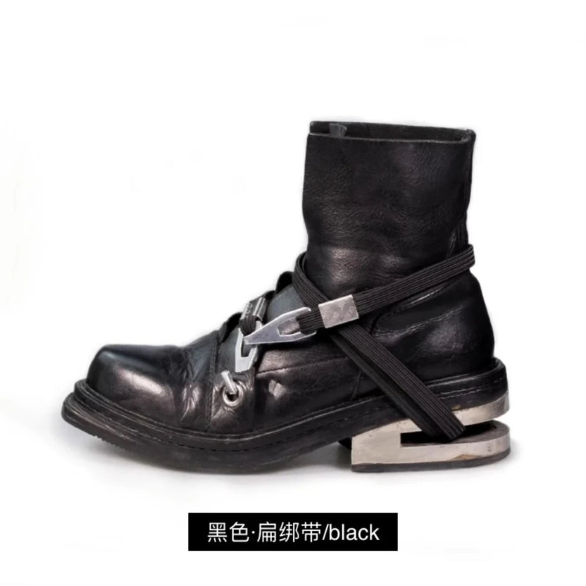 Fashion Men's Genuine Leather Motorcycle Boots Strange Metal Chunky Heel Mid-Calf Round Toe Elastic Band Western Boots Women