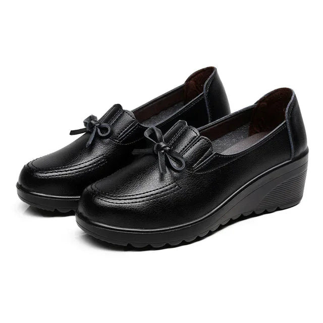BEYARNE  Spring Autumn Women's Fashion Pumps Shoes Woman Genuine Leather Wedge Single Casual Shoes Mother High Heels shoesE175