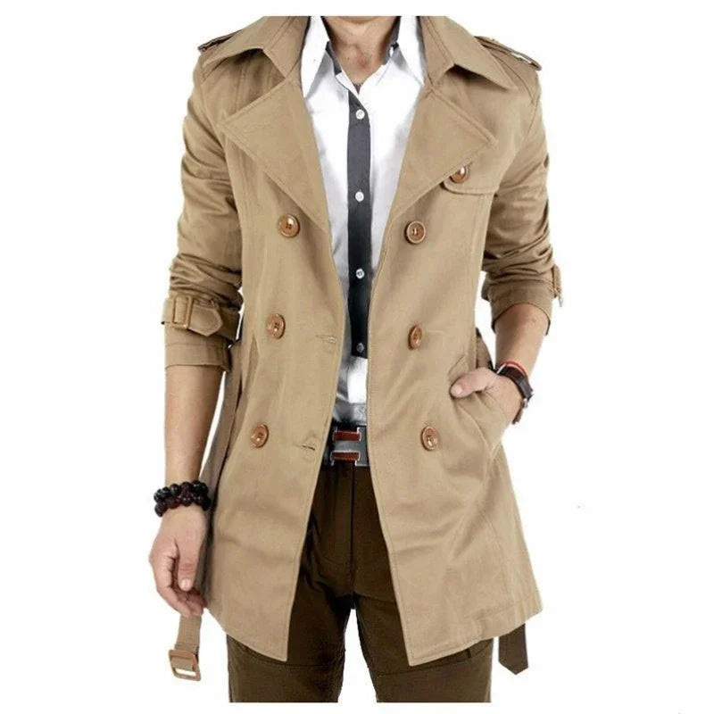 Chaqueta cortavientos para hombre estilo vintage, negro caqui, primavera otoño, gabardina de negocios, abrigo largo clásico retro de doble botonadura, grueso