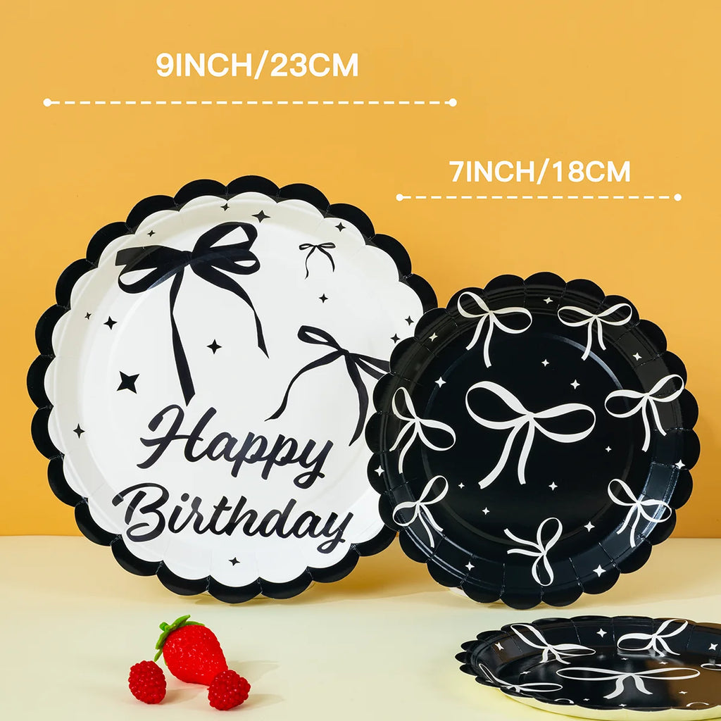 Black White Bow Print Disposable Paper Plates, Happy Birthday Themed Paper Plates for Party and Celebrations