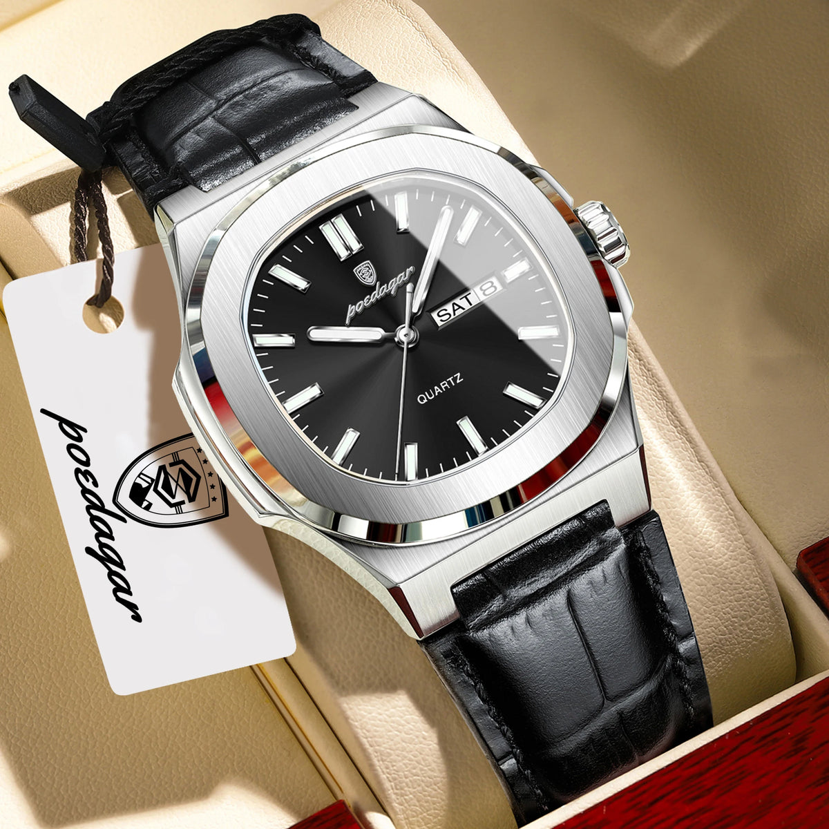 POEDAGAR Men's Fashion Leather Strap Waterproof Wristwatch