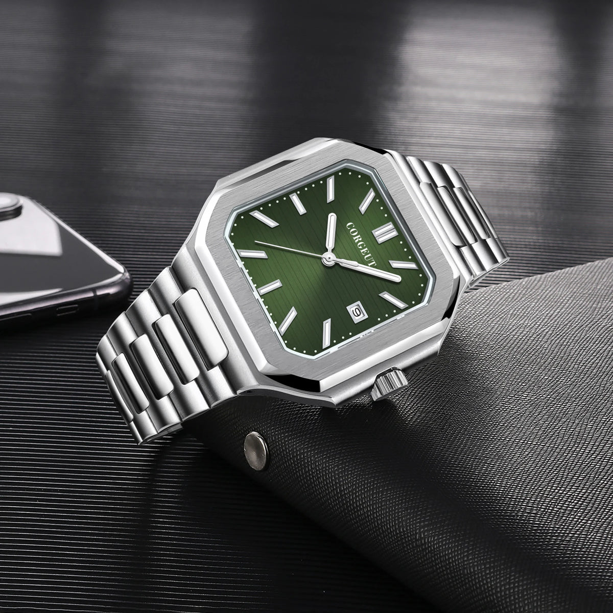 Customized Logo 44.5MM Mechanical Square Steel Case Aseptic Watch Automatic Movement NH35 Fashion Date Gift Men's Watch Corgeut