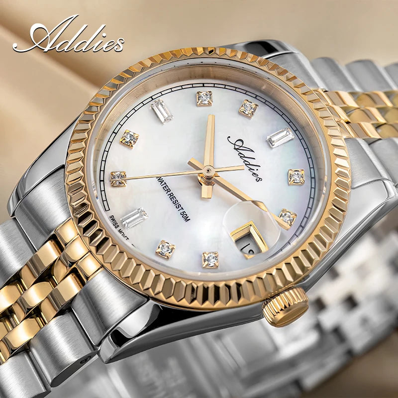 ADDIES New Luxury Women's Watches 28mm Sapphire Glass 50m Waterproof 316L Stainless Steel Business Quartz Wristwatch for Woman