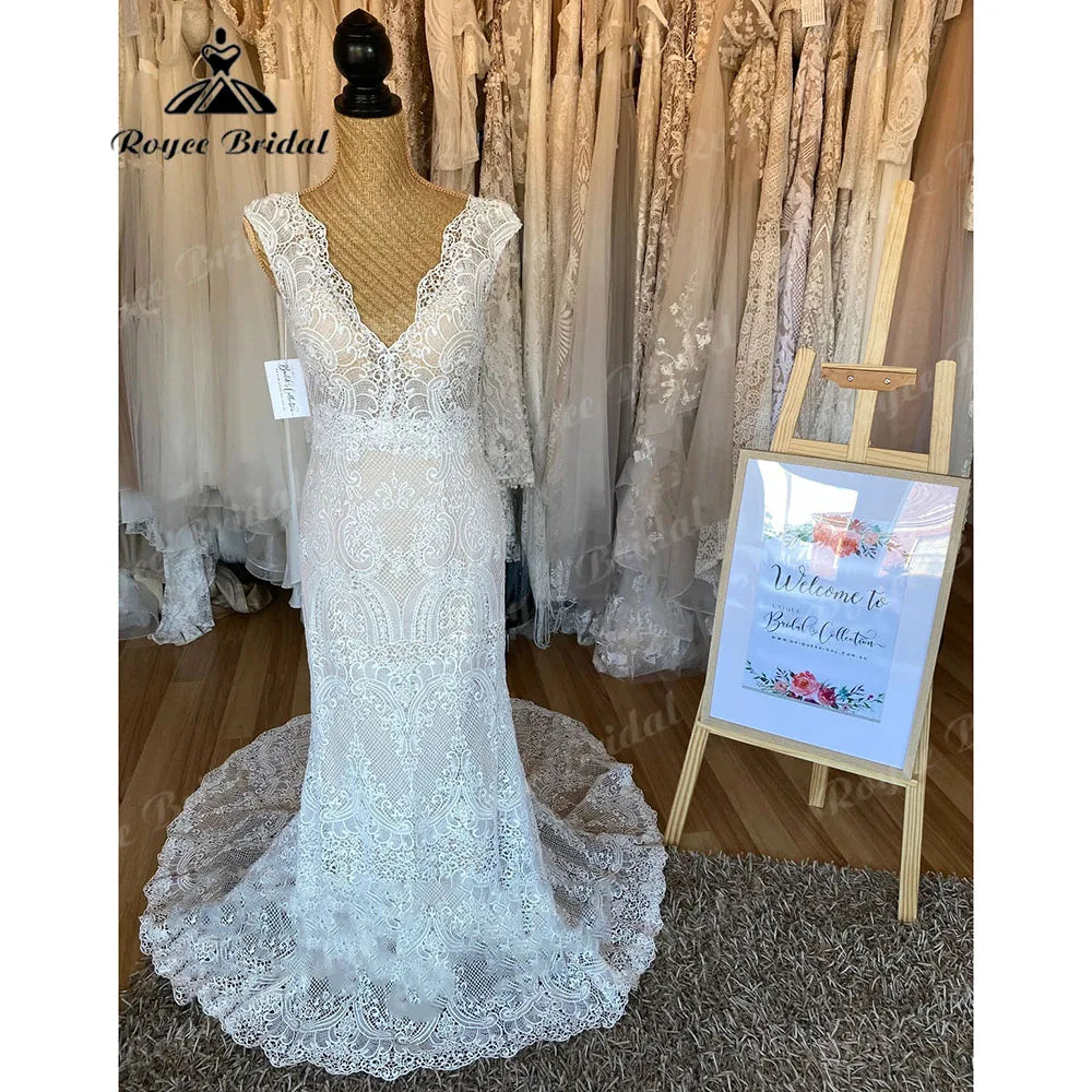Vintage Boho Lace Behemian Mermaid Wedding Dress Robe Civil Country Bridal Gowns Sexy Backless Robe Mariage Femme Customized
