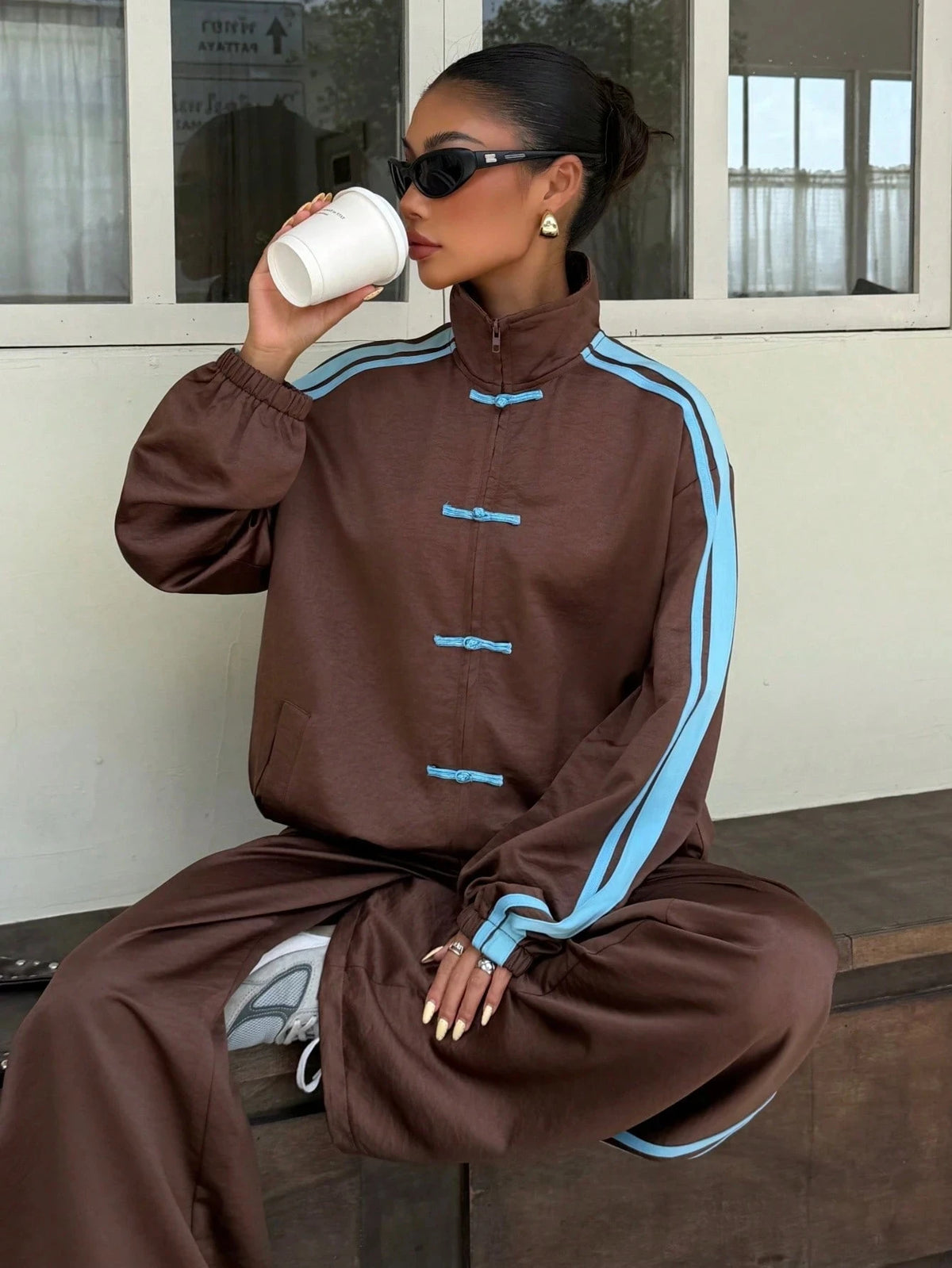 Women's Frog Button Tracksuit 2-Piece Polyester Casual Sports Outfit