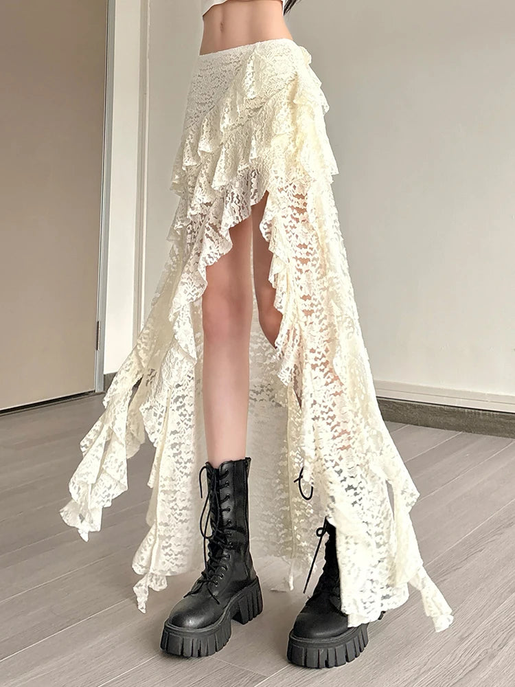 Weird Puss Women's Asymmetrical Tassel Skirt with Ruffles