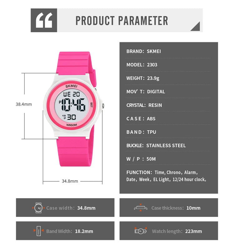 Reloj digital para niños SKMEI 2303 resistente al agua con caja de plástico a prueba de golpes