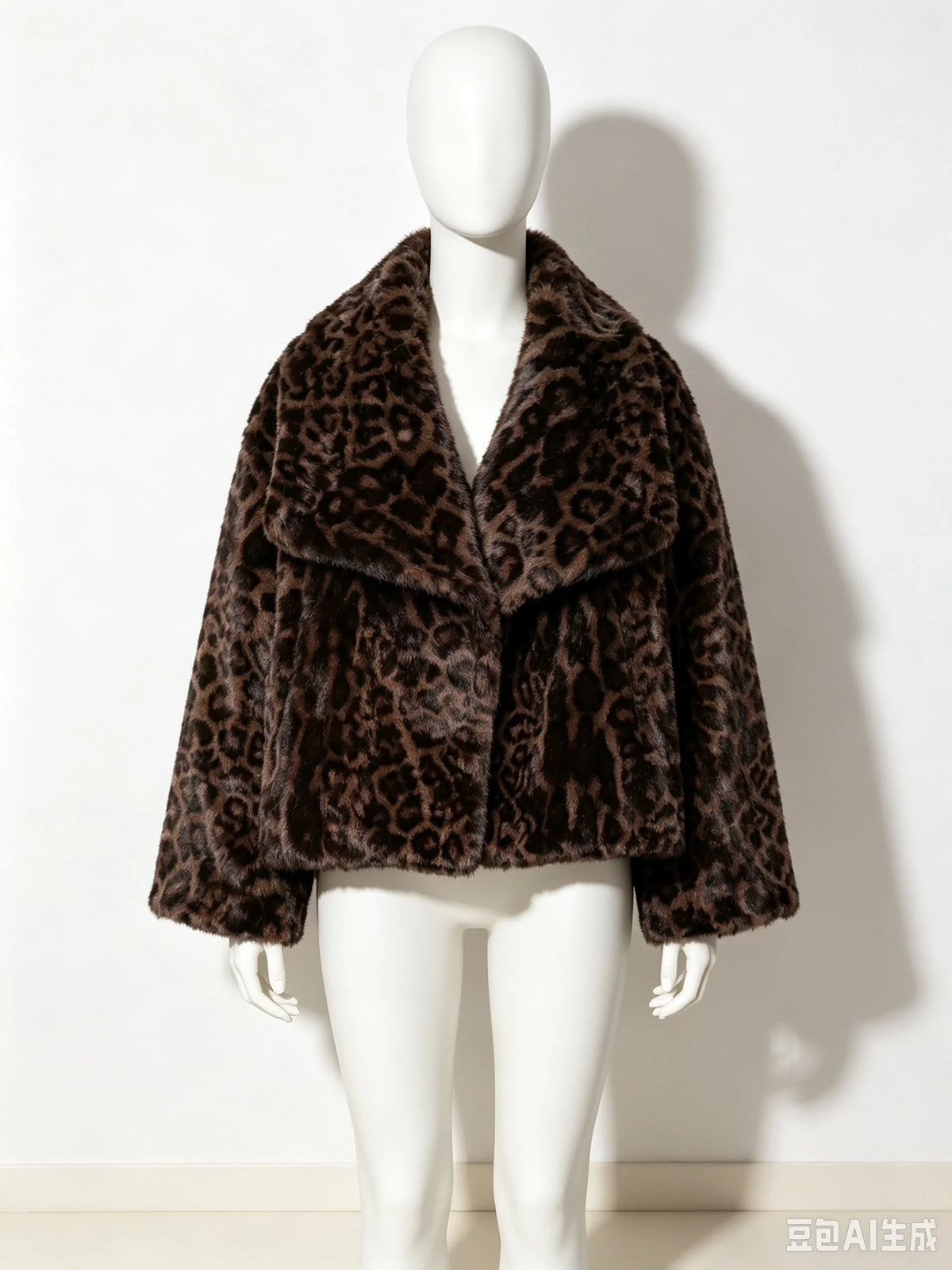 Women Leopard Print Faux Fur Short Coat with Large Lapel Collar