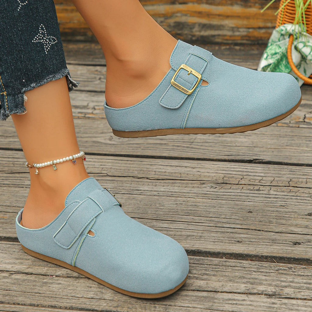 Women's Fabric Round Toe Flat Mules with Buckle Strap