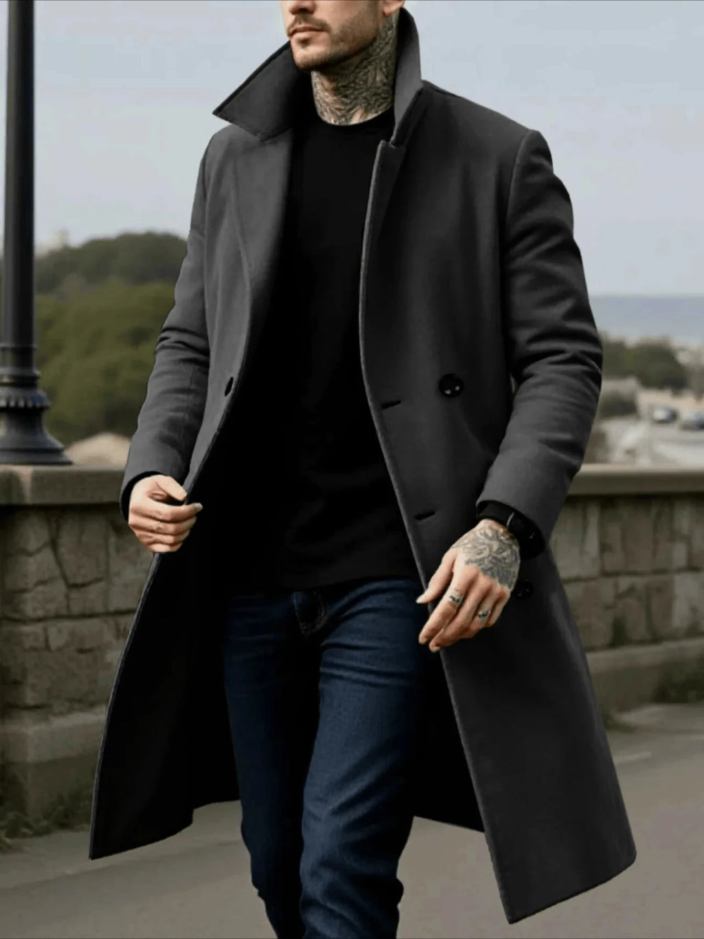 Men's Woolen Double Breasted Mid-Length Winter Coat with Lining