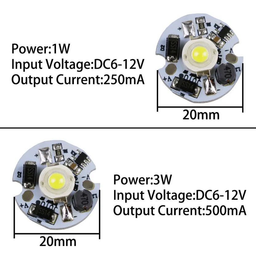 1W 3W LED-ljusplatta, DC3-5V/6-12V/12-24V, drivrutinsfritt ljuschip, batteridriven ljuskälla med 15 cm kabel för gör-det-själv-lampa