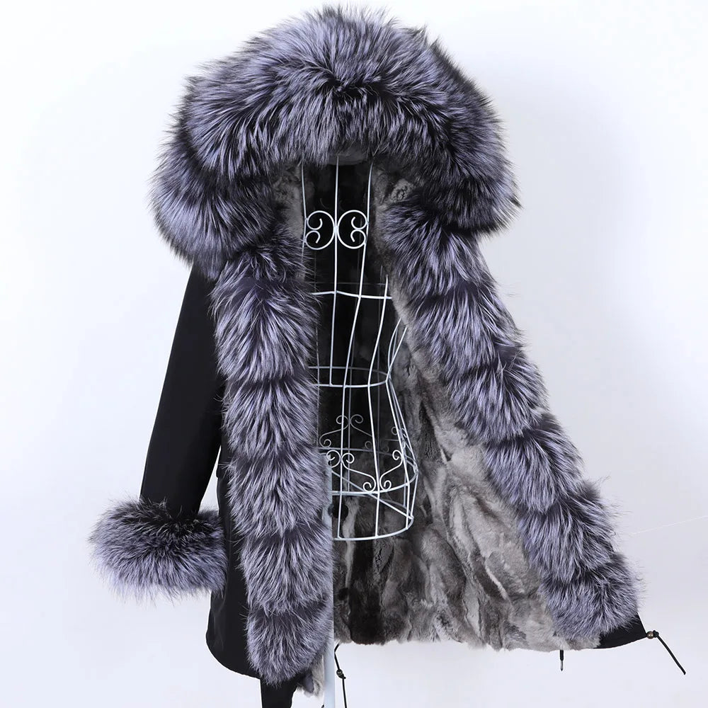 MAOMAOKONG 2026 Removable Real Fox Fur Collar Coats Woman Winter Jacket Hooded Rabbit Fur Lining Long Parkas Female Clothes