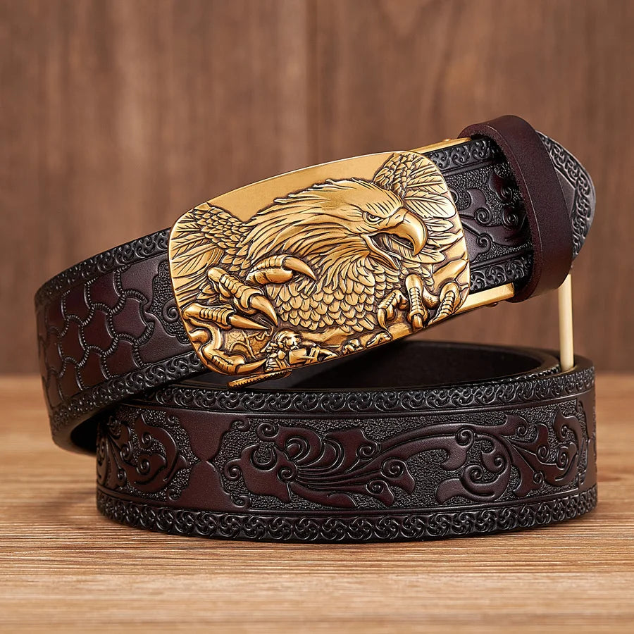 Cinturón de piel auténtica de 3,5 cm con hebilla automática de águila, cinturón de piel de vaca con relieve, correa de calidad para hombre, cinturón de negocios de cuero genuino para vaqueros
