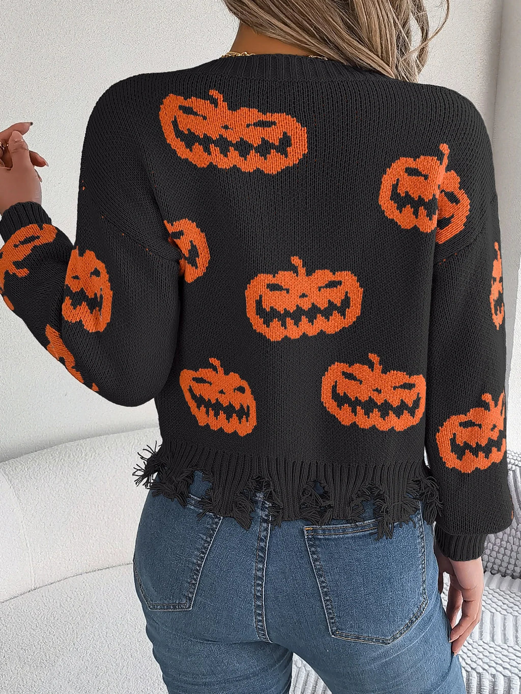 Women V-Neck Pumpkin Knit Pullover Sweater Acrylic Casual Autumn Winter