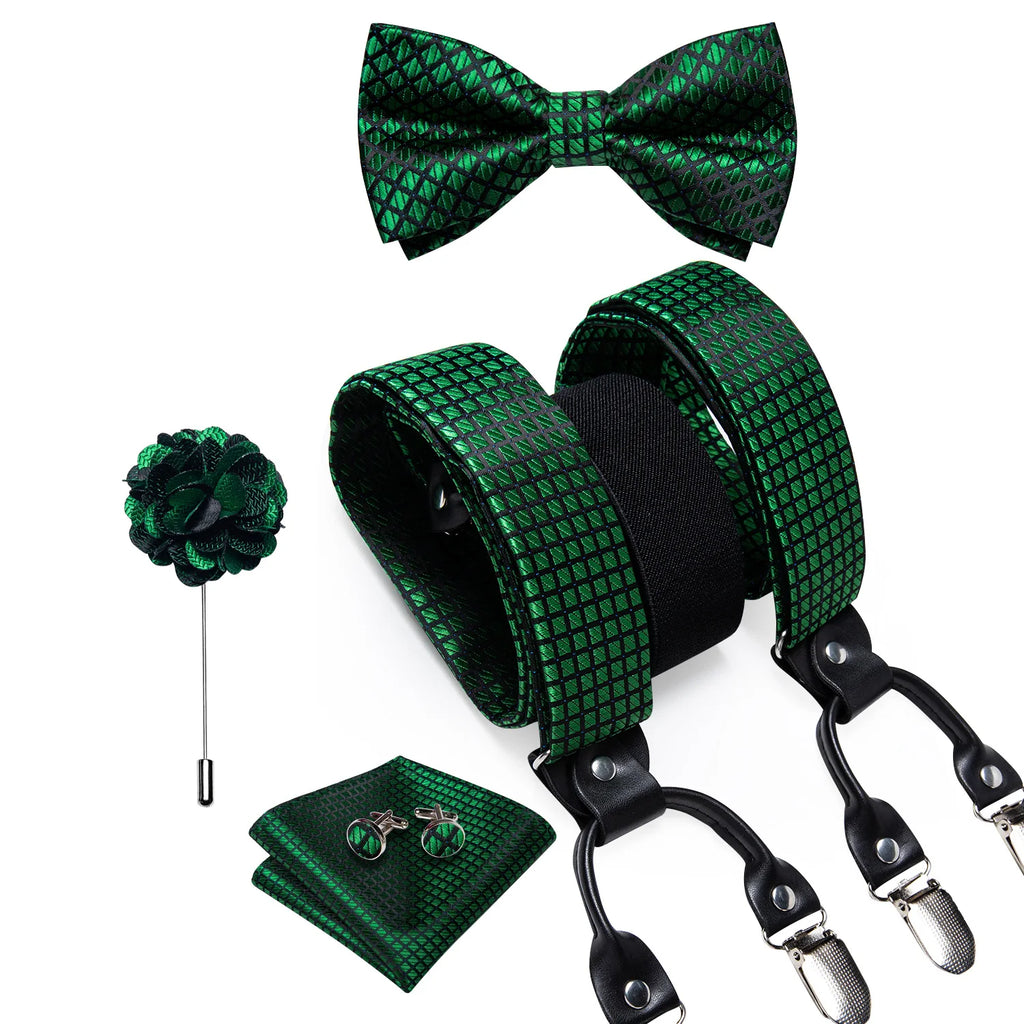 Luxury White Men's Suspenders Adjustable 6 Clips Braces DiBanGu Leather Metal Pre-Tied Bow Tie Brooch Pocket Square Set