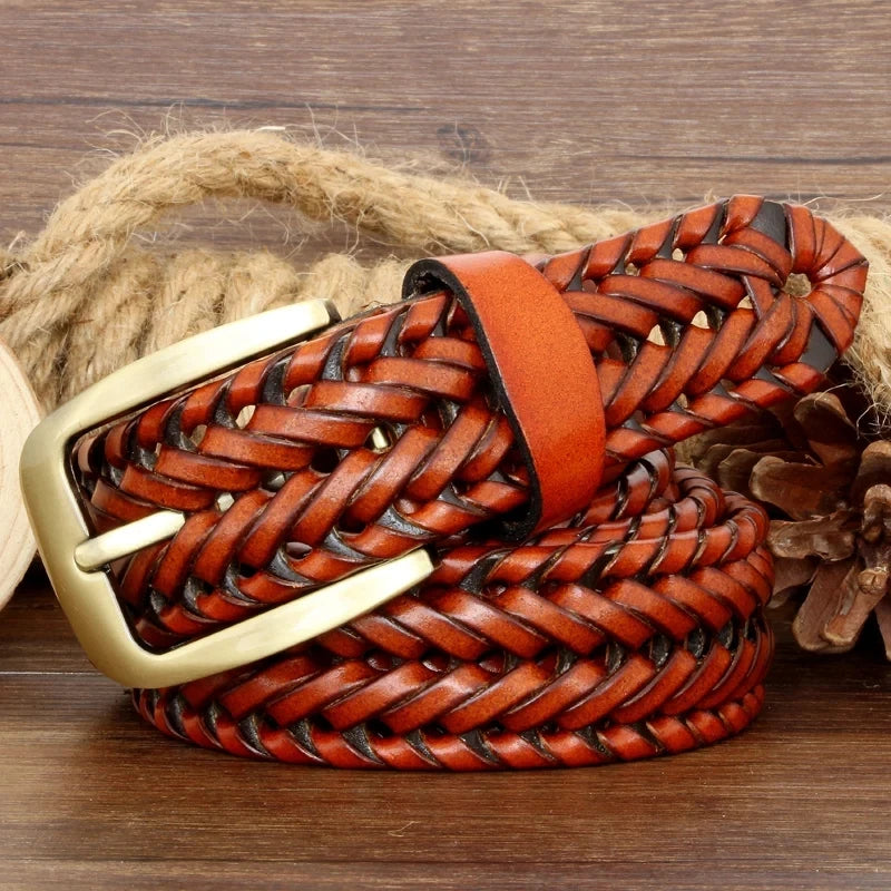 Nuevo cinturón trenzado de moda para hombre, cinturón de lujo de piel de vaca auténtica, correa de segunda capa para vaqueros, faja masculina