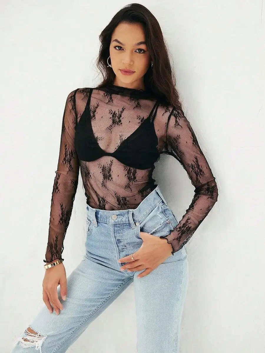 Womens Mesh Sheer Lace Long Sleeve Top Sexy Y2k Mock Neck See Through Shirt Blouses