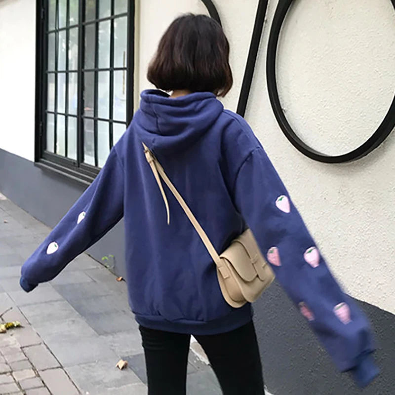 Lawendowo-różowa bluza oversize w stylu Harajuku z haftem truskawki, jesienno-zimowa, damska, kawaii, luźna, z długim rękawem, XXL