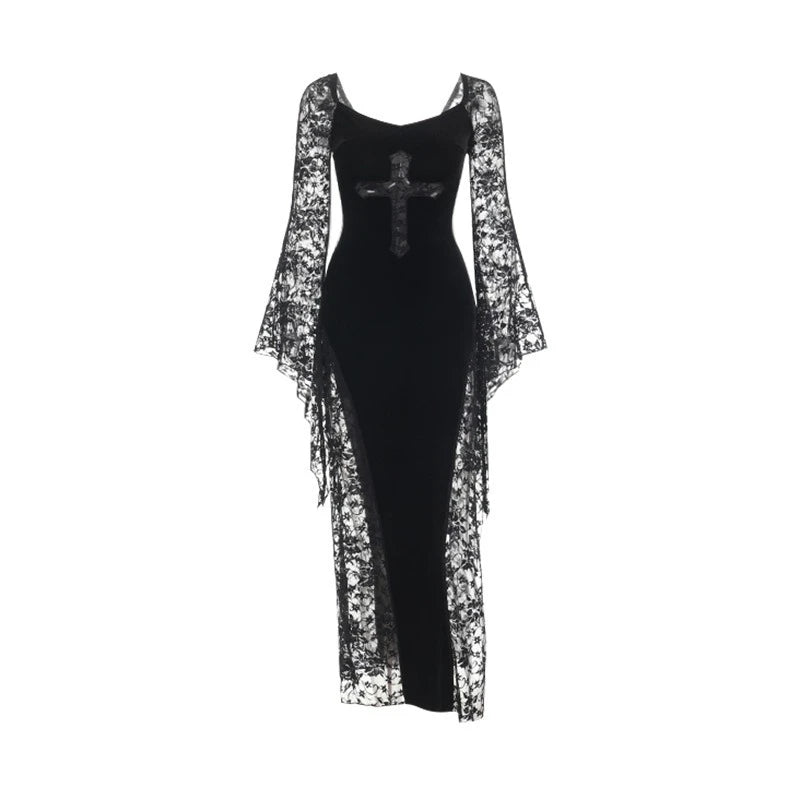 Holloween Gothic Subculture Velvet Lace Dress Cross Cutout Flare Sleeve Faux Fur Trim Bodycon Slim Fit Long Dress Party Outfit