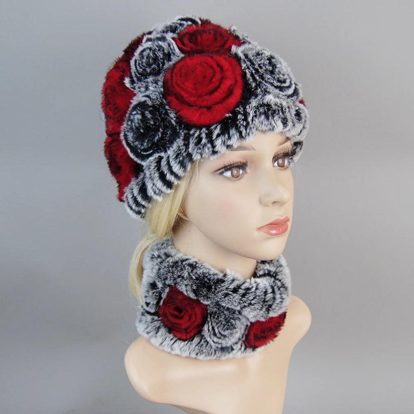 Damen Strick-Set aus echtem Rexkaninchenfell, Mütze und Schal, natürlicher warmer Rexkaninchenfell-Schal, Wintermütze für Damen, Set aus echtem Rexkaninchenfell