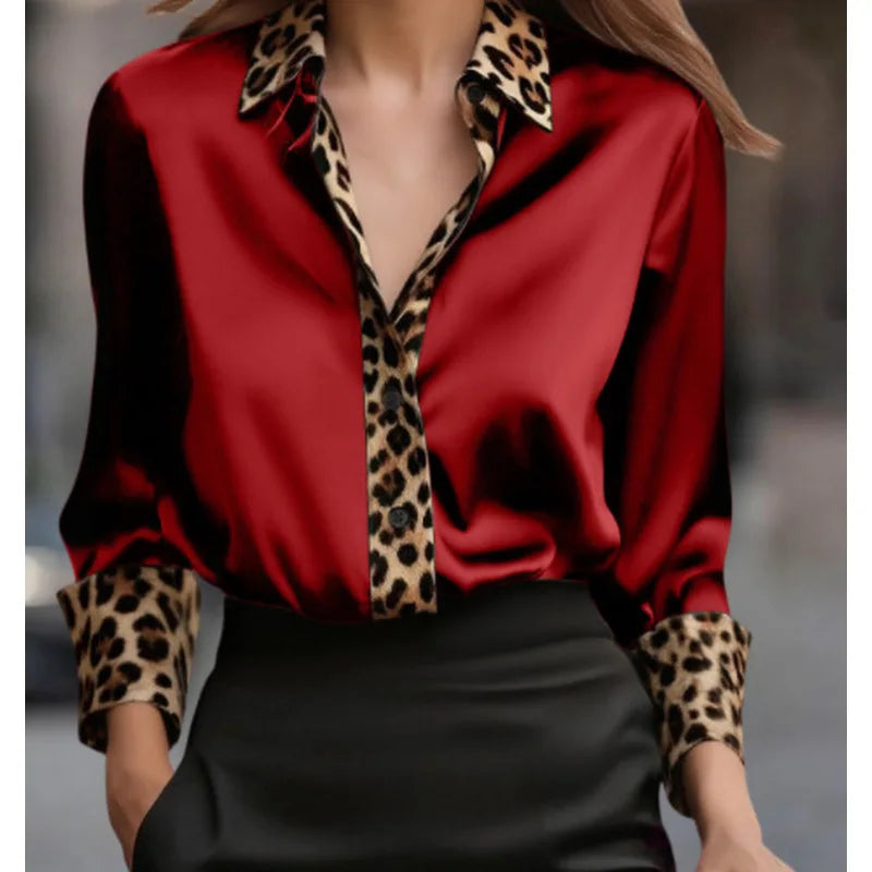 Popular3dPrinted women's satin collared long-sleeve shirt with leopard print, fashionable European and American women's clothing