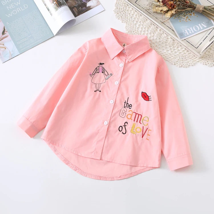 Neue Mädchenbluse in Weiß, niedliches Langarm-Shirt mit Cartoon-Motiv für den Herbst, Kinderbluse für Mädchen, Teenager-Schulkleidung, Oberteile für Kinder