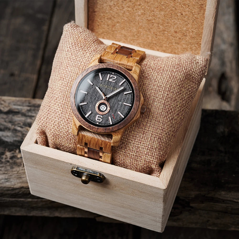 Wooden  Men's Watches BOBOBIRD New Fashion Japanese Movement Quartz Wristwatch Week Date Display Custom Name Brand Great Gift