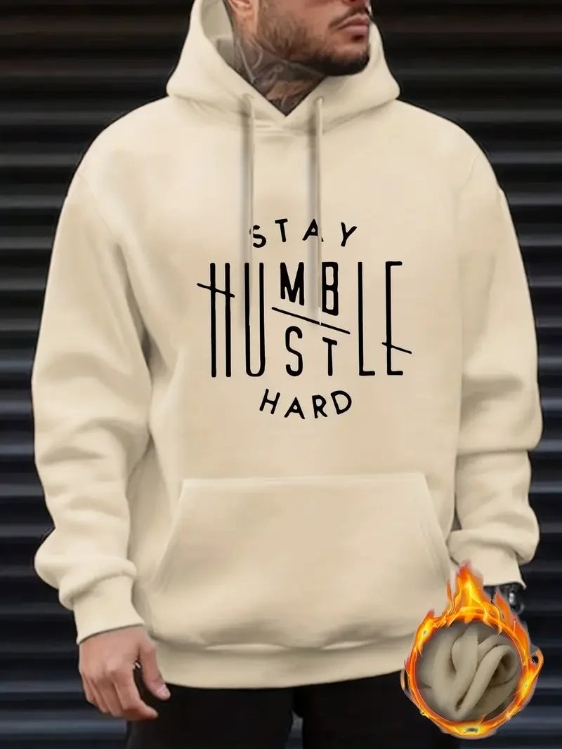Inspirerande hoodie för män - "Stay Humble"-mönstrad avslappnad streetstyle-huvtröja, vardagsmode med lång ärm