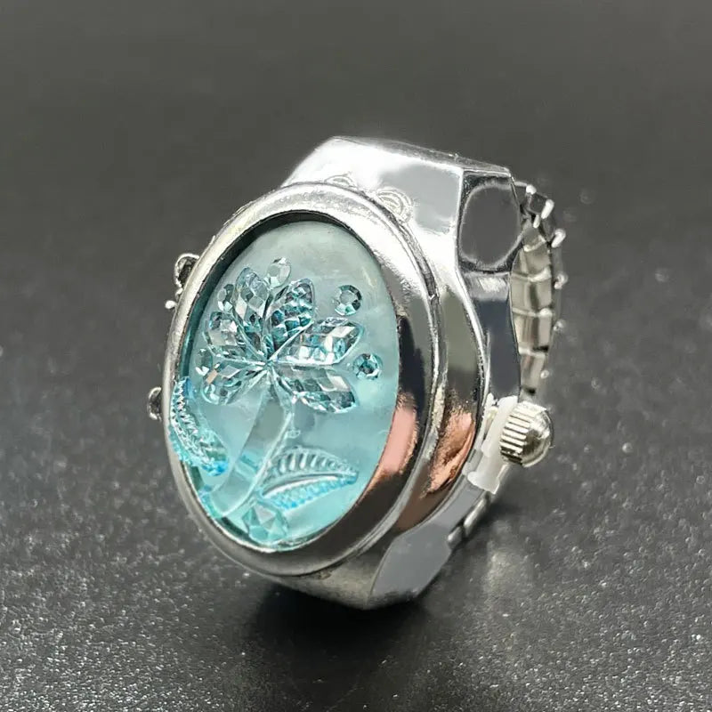 Fashion Women Ring Watch Elliptical Stereo Flower Ladies Clamshell Watches Adjustable Rings Quartz Watches Gifts for Women Ring