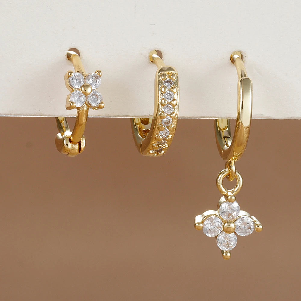 Pendientes de acero inoxidable con forma de flor y circonitas para mujer - Set de 3 piezas