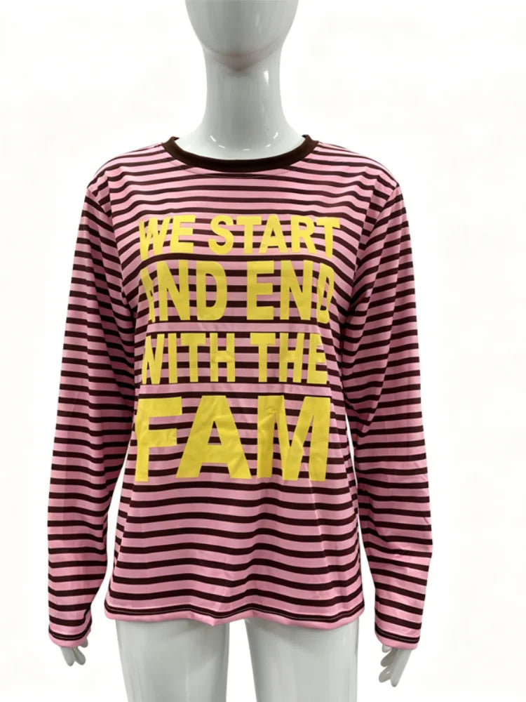 Women Letter Print Striped Long Sleeve T-shirt Crew Neck Loose Fit Pink Black Stripe Y2K Casual Streetwear Ladies Tops