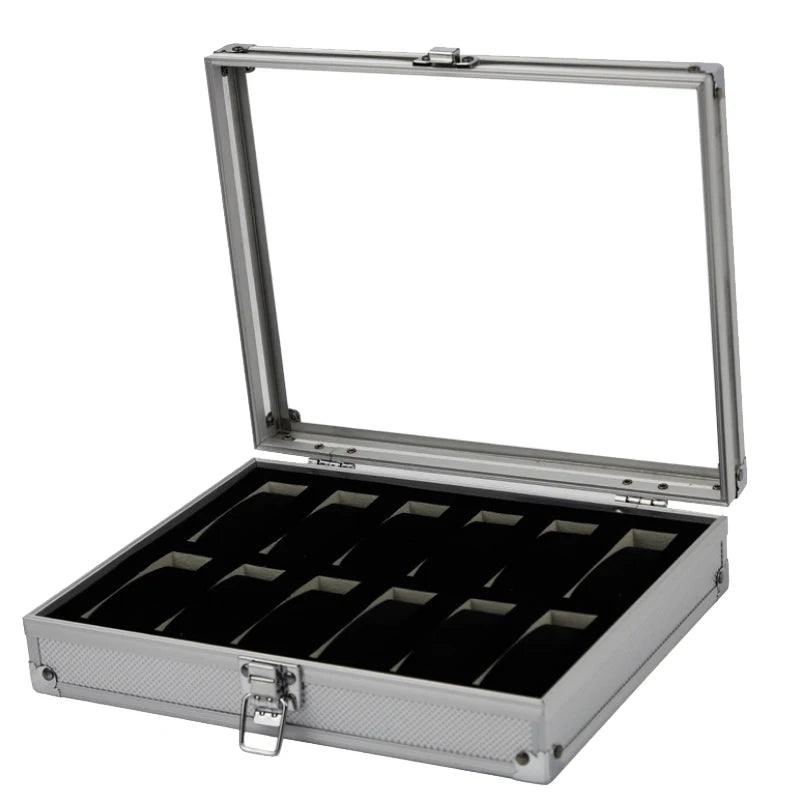 Aluminum Structure Watch Storage Box 12 Grid Slot Jewelry Display Square Case Suede Inside Rectangle Watch Holder for Organizing