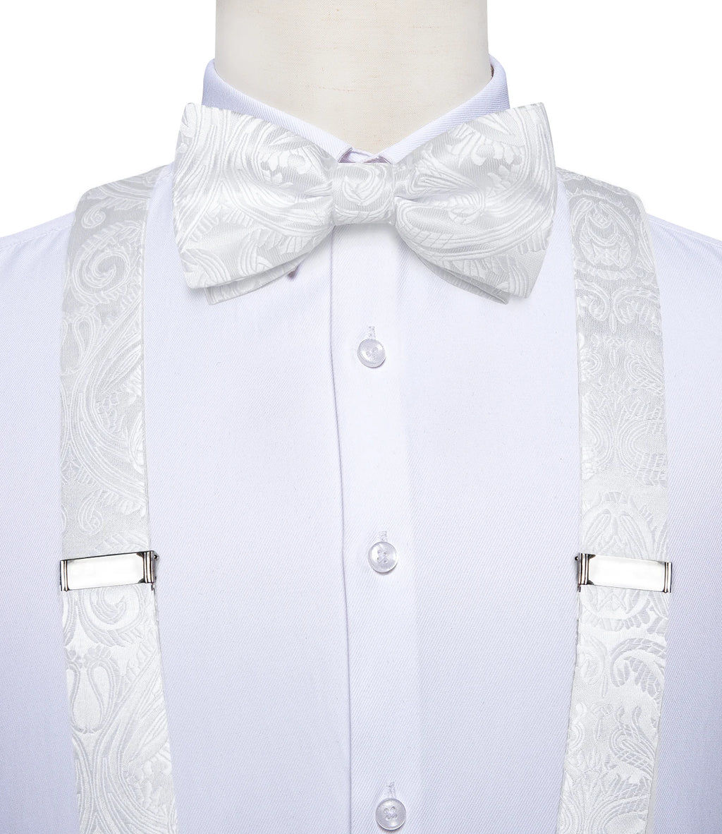Luxury White Men's Suspenders Adjustable 6 Clips Braces DiBanGu Leather Metal Pre-Tied Bow Tie Brooch Pocket Square Set